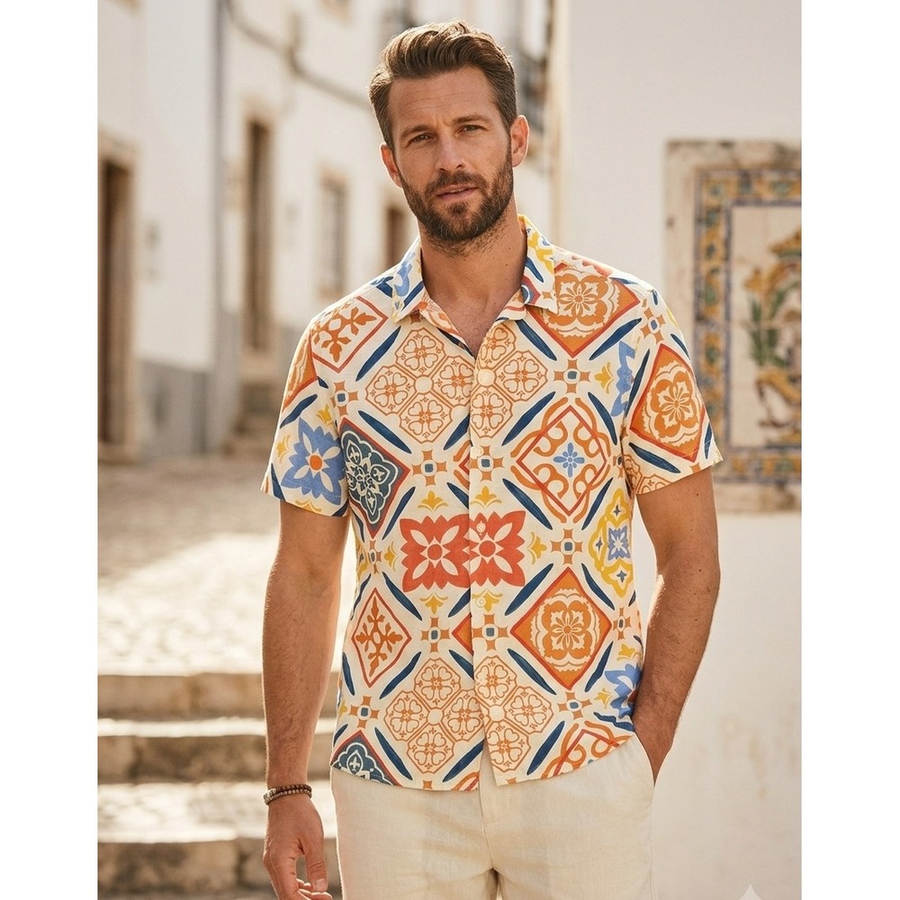 Next Mens Large Cotton Tile Print Short Sleeve Button Down Shirt Orange Blue